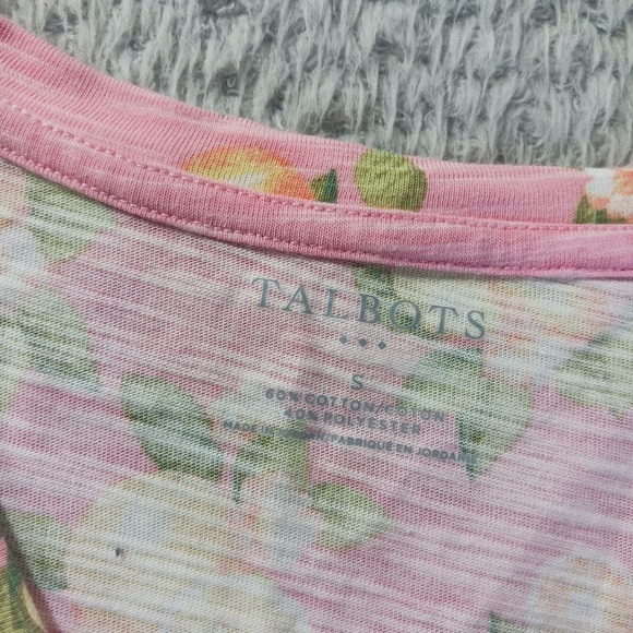 Talbots Citrus Print Slub Tee S V-Neck Short Sleeve Pink Fruit Graphic Top - Picture 2 of 7